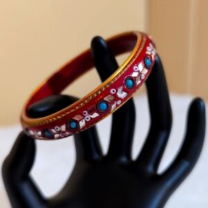 Vintage Red Painted Wooden Bracelet With Inlaid Mirrored and Seed Beads